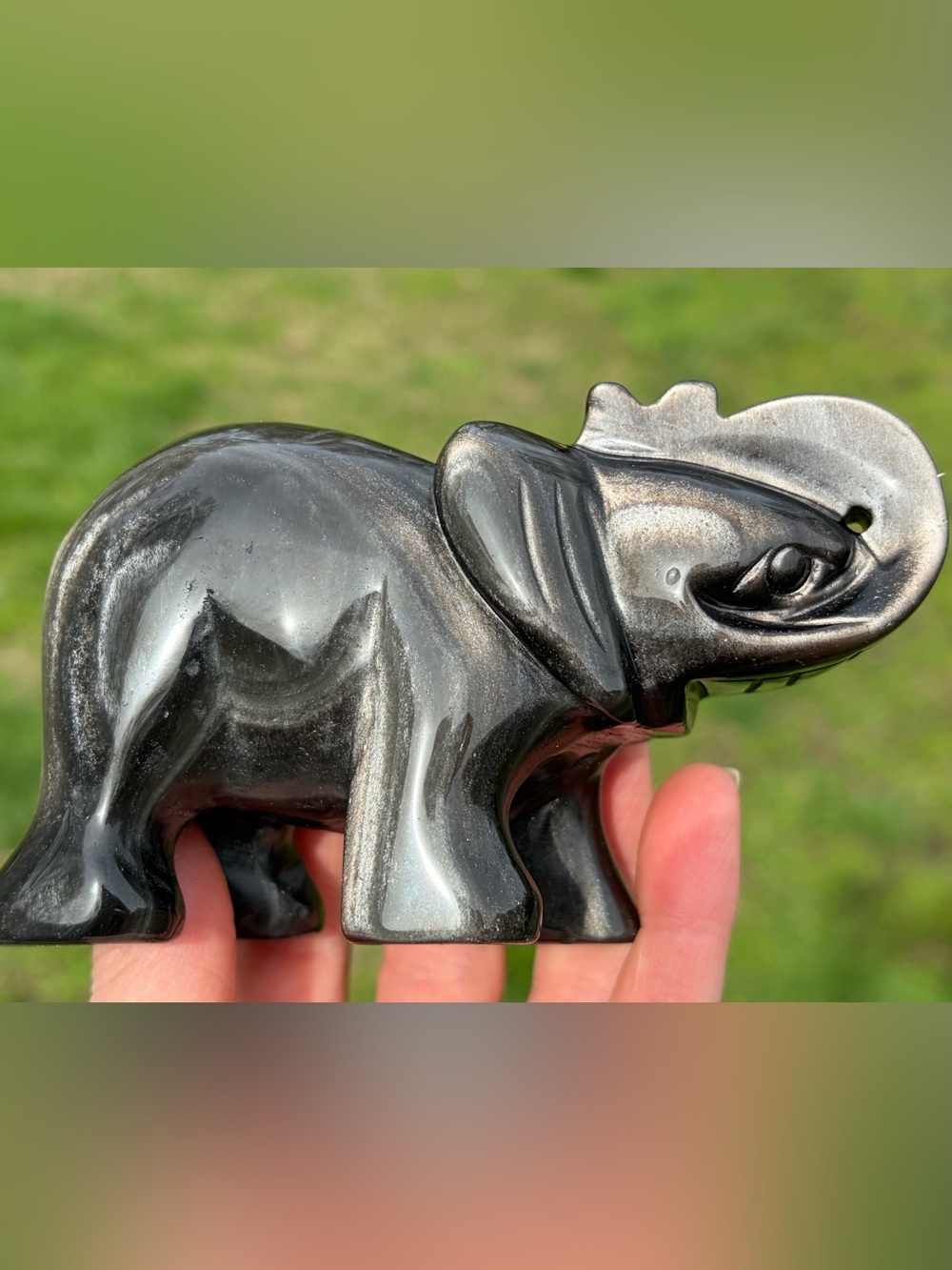Silver Sheen Obsidian Elephant Carving